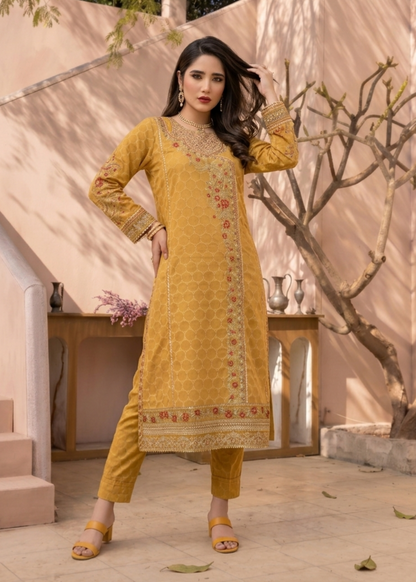 Ladies Embroidered Mustard Jacquard Salwar Kameez Online in UK USA Canada