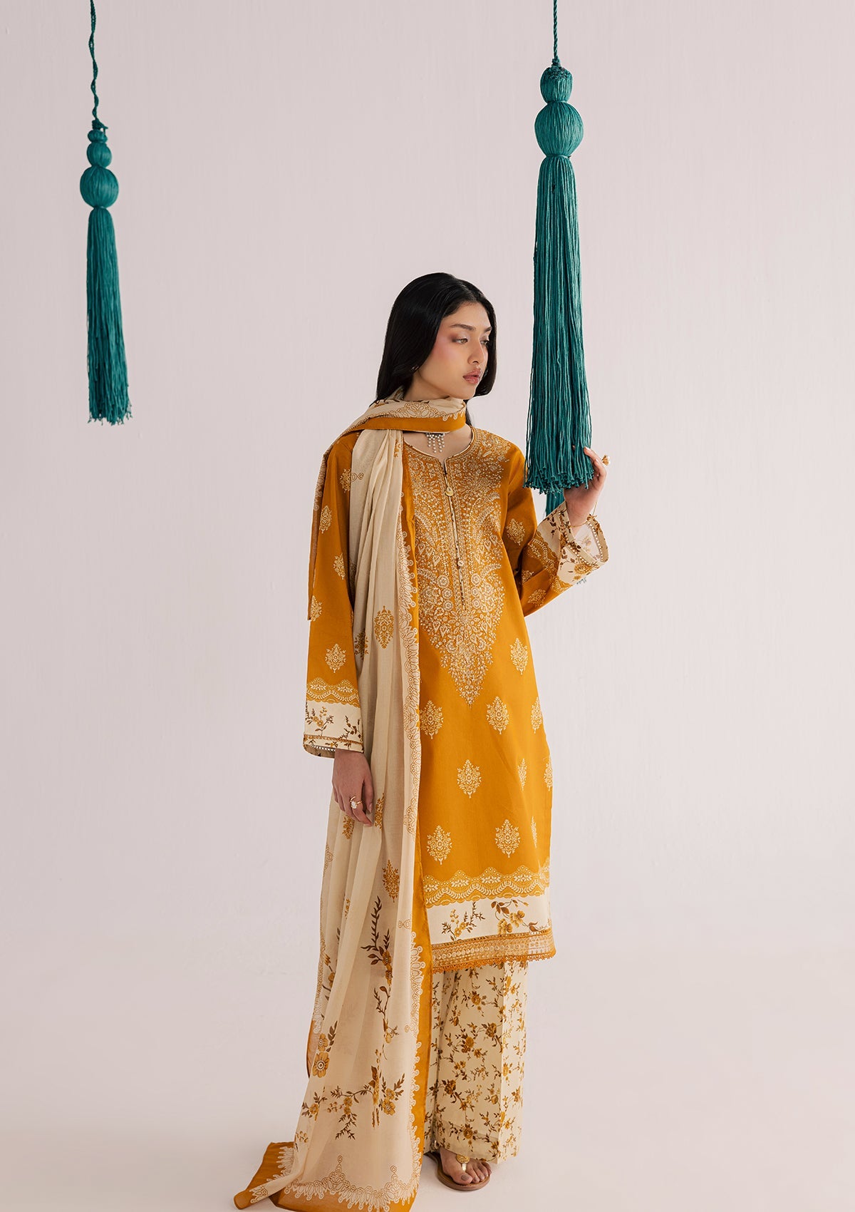 Ladies Embroidered Mustard Kurta Set Online in UK USA Canada