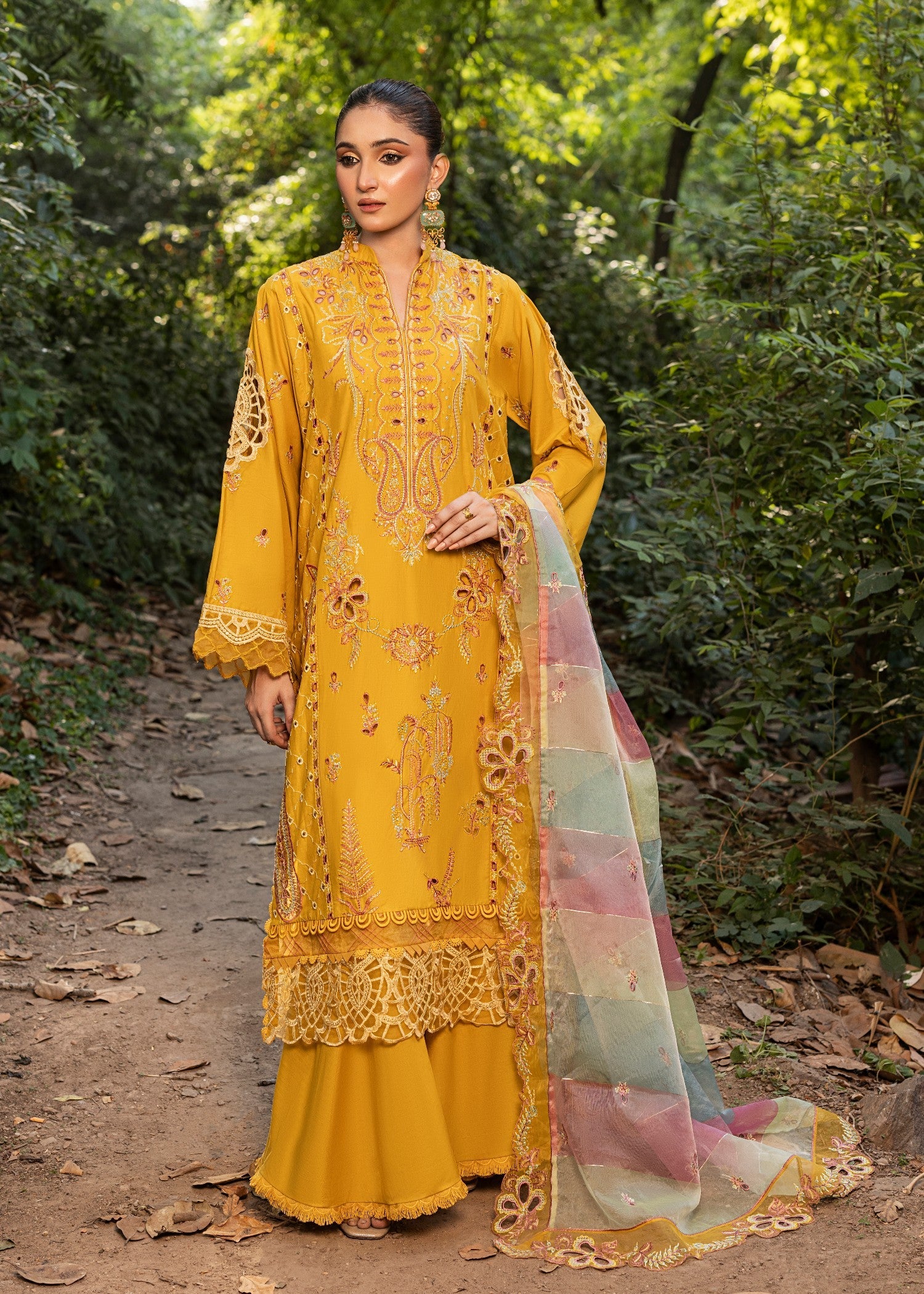 Ladies Embroidered Mustard Lawn Suit with Organza Dupatta Online in UK USA Canada