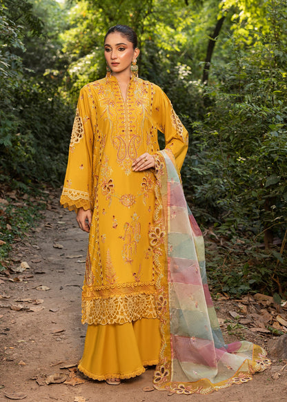 Ladies Embroidered Mustard Lawn Suit with Organza Dupatta Online in UK USA Canada