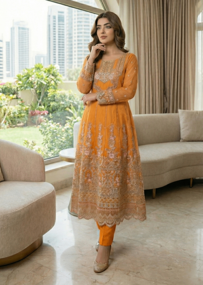 Ladies Embroidered Mustard Organza Shalwar Kameez Online in UK USA Canada