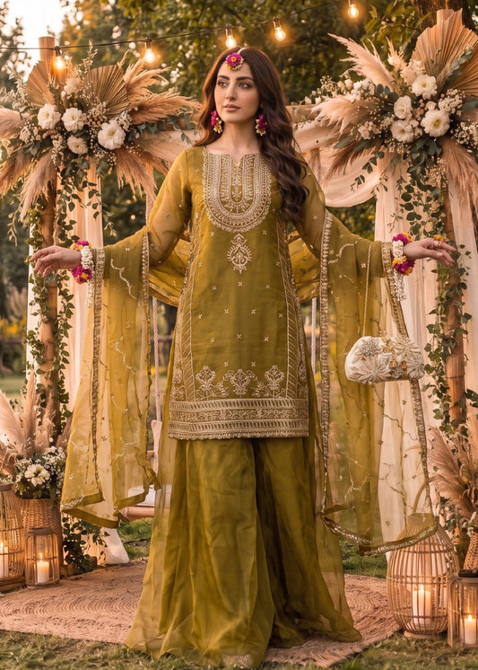 Ladies Embroidered Mustard Organza Sharara Lehenga Online in UK USA Canada