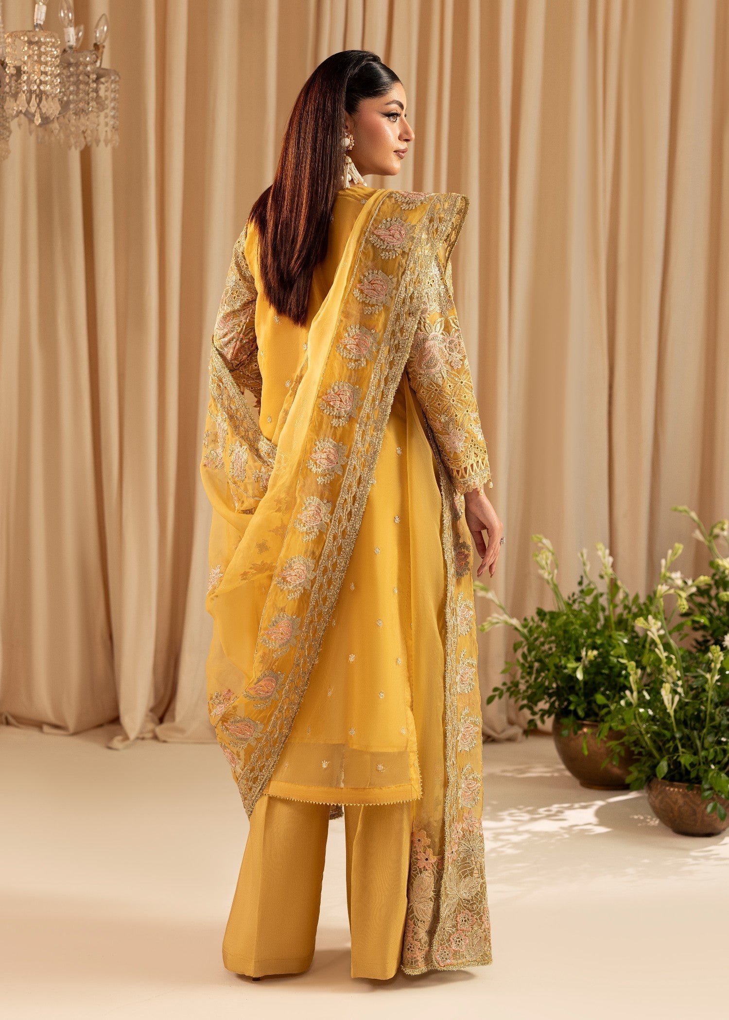 Ladies Embroidered Mustard Organza Suit Online in UK USA Canada