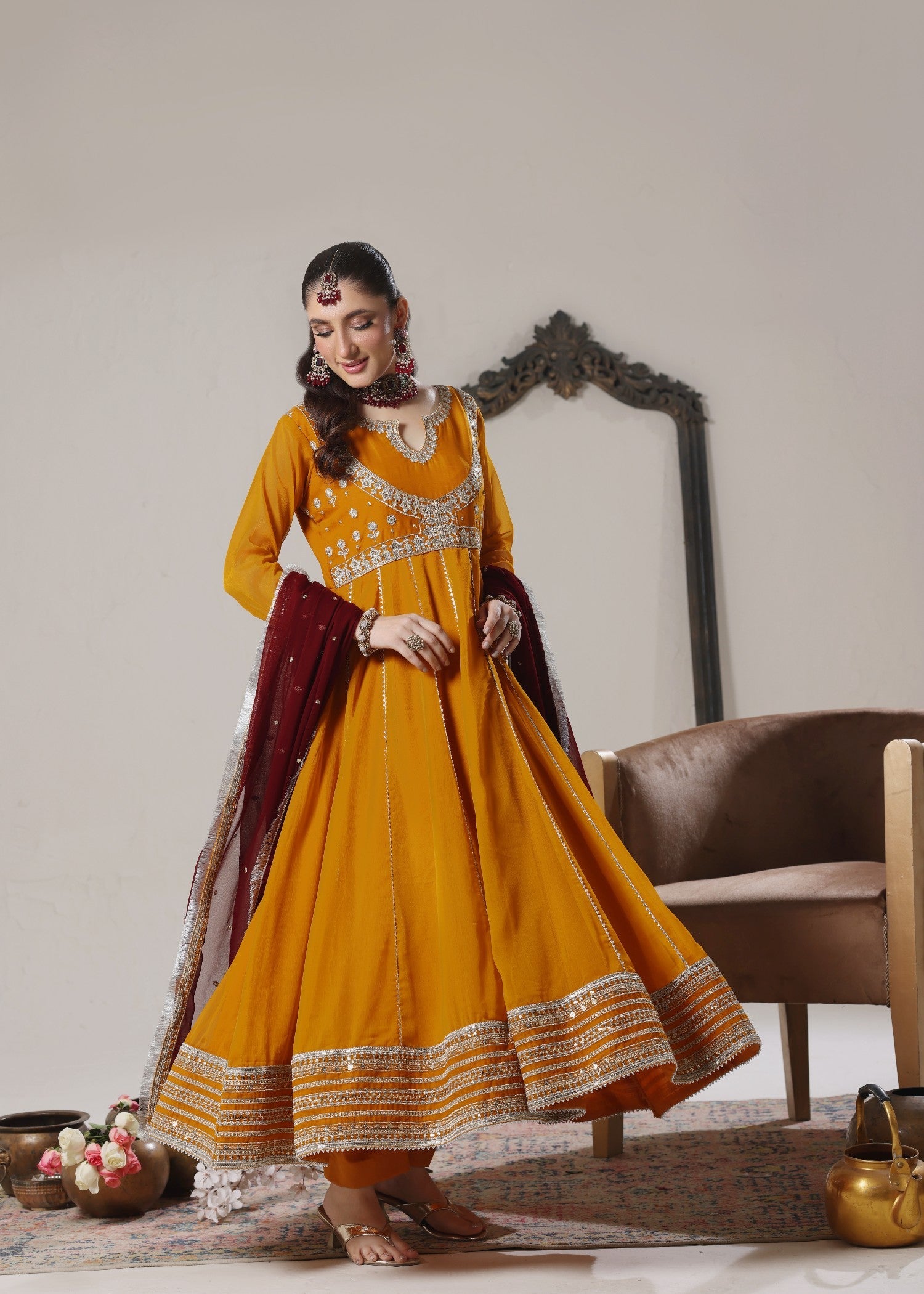 Ladies Embroidered Mustard Pishwas Suit Online in UK USA Canada