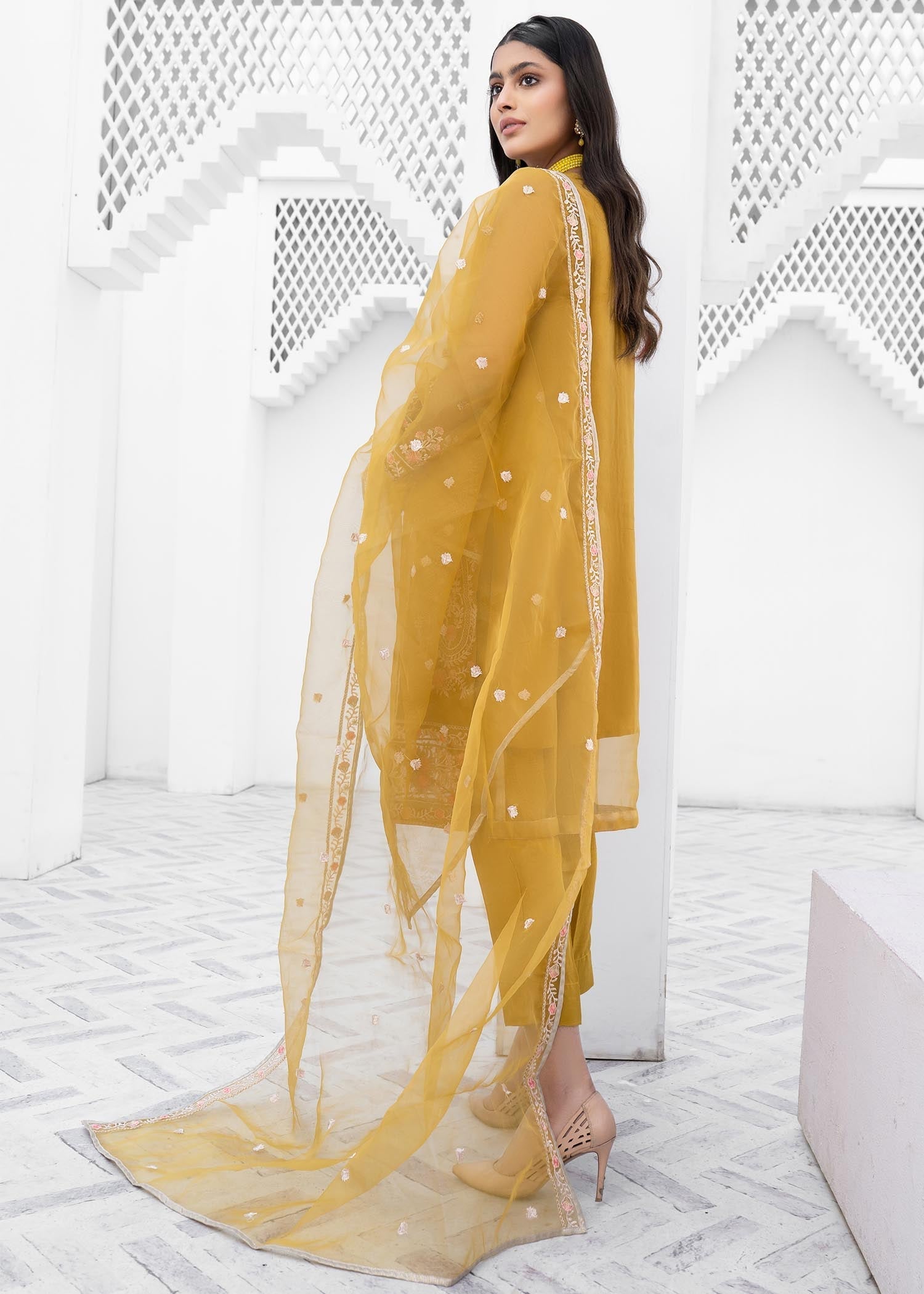 Ladies Embroidered Mustard Raw Silk Suit Online in UK USA Canada