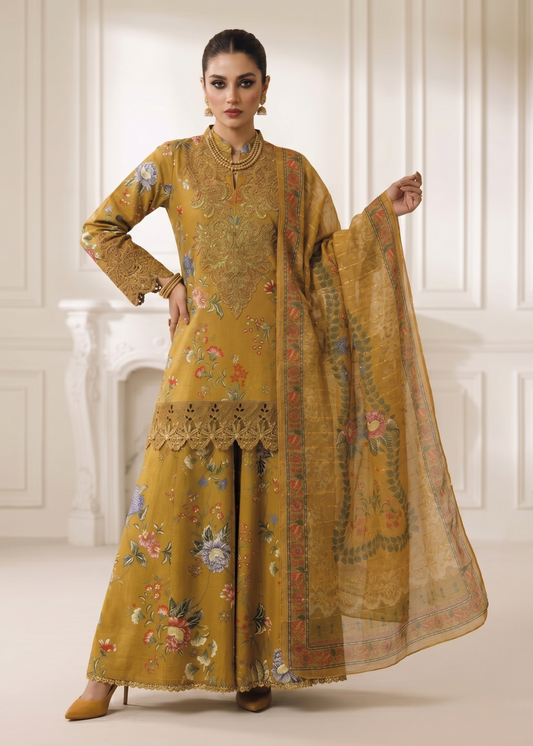 Ladies Embroidered Mustard Sharara Gharara Online in UK USA Canada