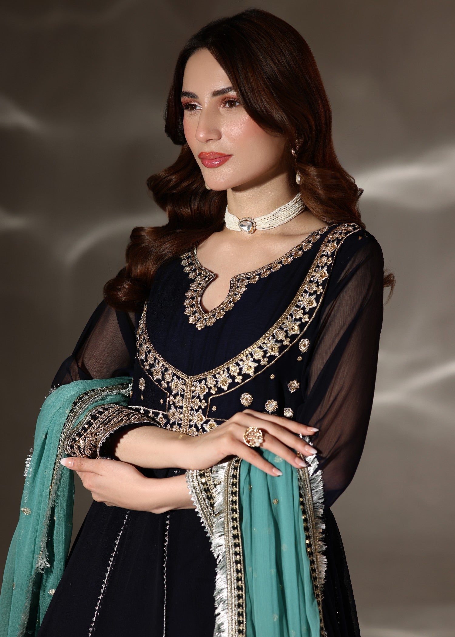 Ladies Embroidered Navy Blue Chiffon Flared Suit Online in UK USA Canada