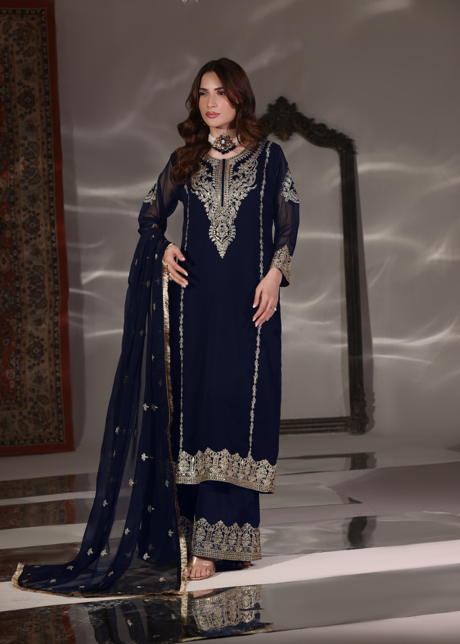 Ladies Embroidered Navy Blue Chiffon Kurta Set Online in UK USA Canada
