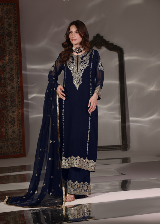 Ladies Embroidered Navy Blue Chiffon Kurta Set Online in UK USA Canada