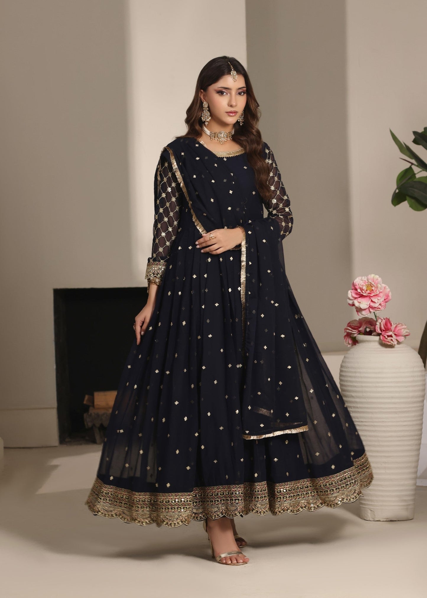 Ladies Embroidered Navy Blue Chiffon Partywear Suit Online in UK USA Canada