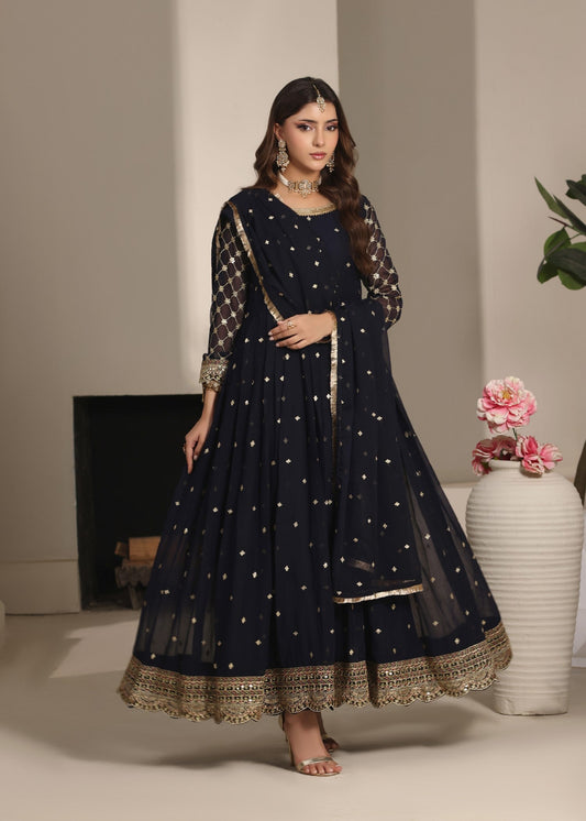 Ladies Embroidered Navy Blue Chiffon Partywear Suit Online in UK USA Canada