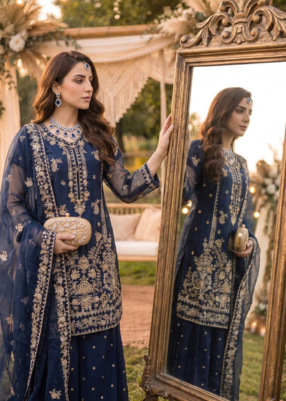 Ladies Embroidered Navy Blue Gharara Online in UK USA Canada