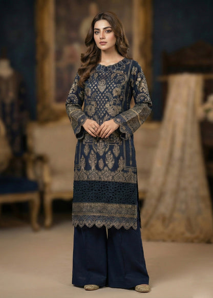 Ladies Embroidered Navy Blue Jacquard Kurta Online in UK USA Canada