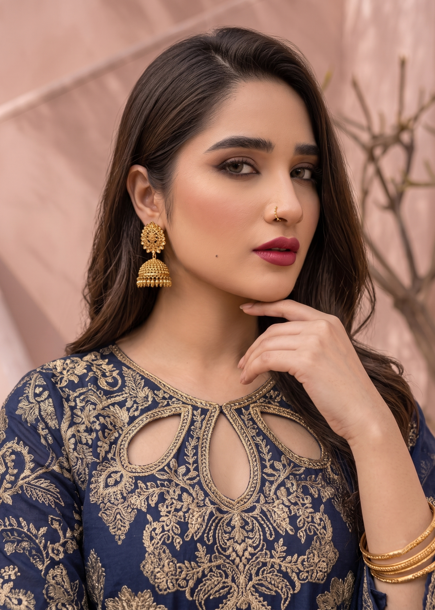 Ladies Embroidered Navy Blue Jacquard Party Suit Online in UK USA Canada