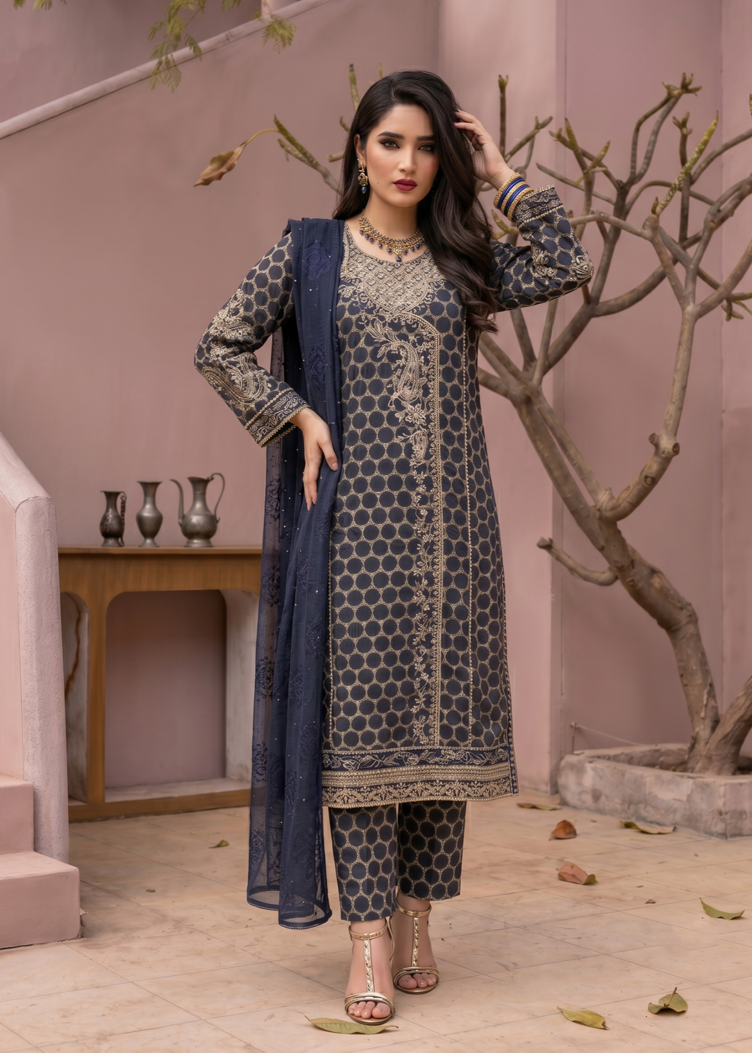 Ladies Embroidered Navy Blue Jacquard Party Wear Online in UK USA Canada