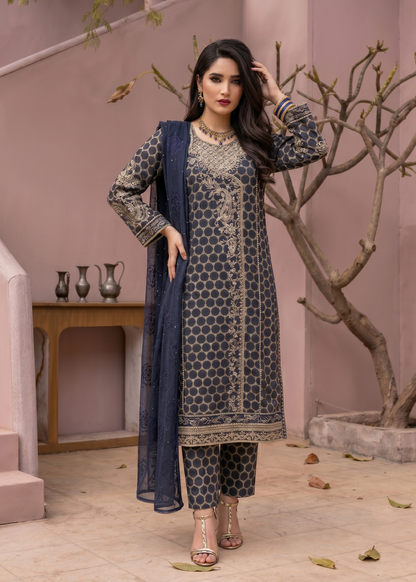 Ladies Embroidered Navy Blue Jacquard Party Wear Online in UK USA Canada