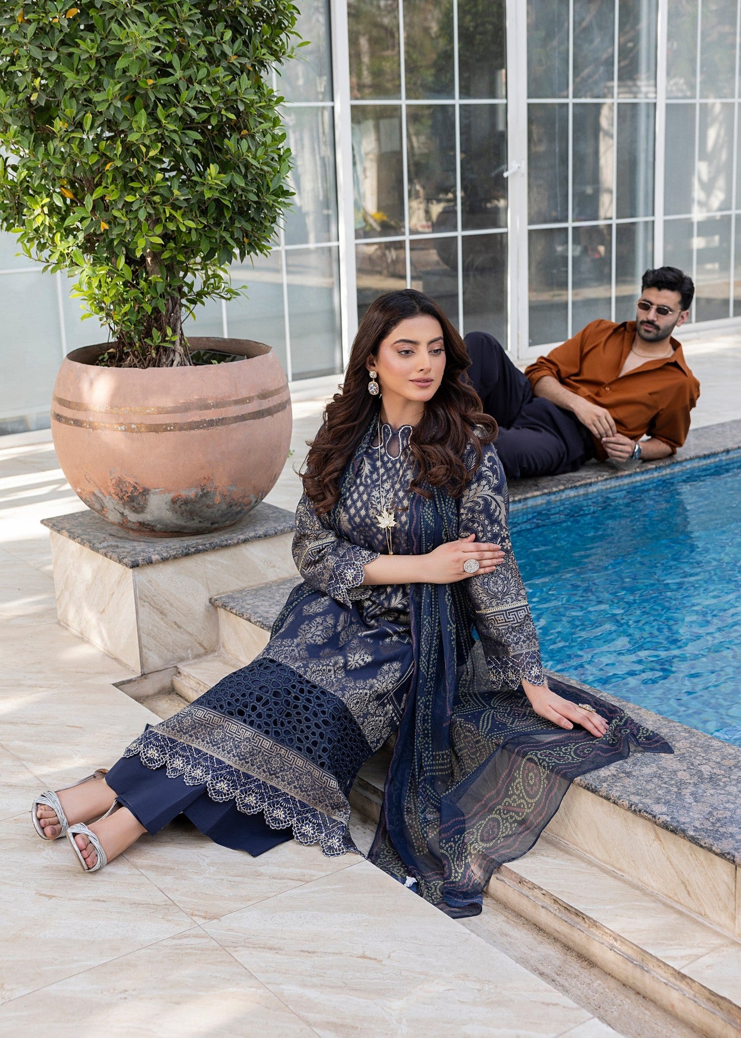 Ladies Embroidered Navy Blue Jacquard Shalwar Kameez Online in UK USA Canada