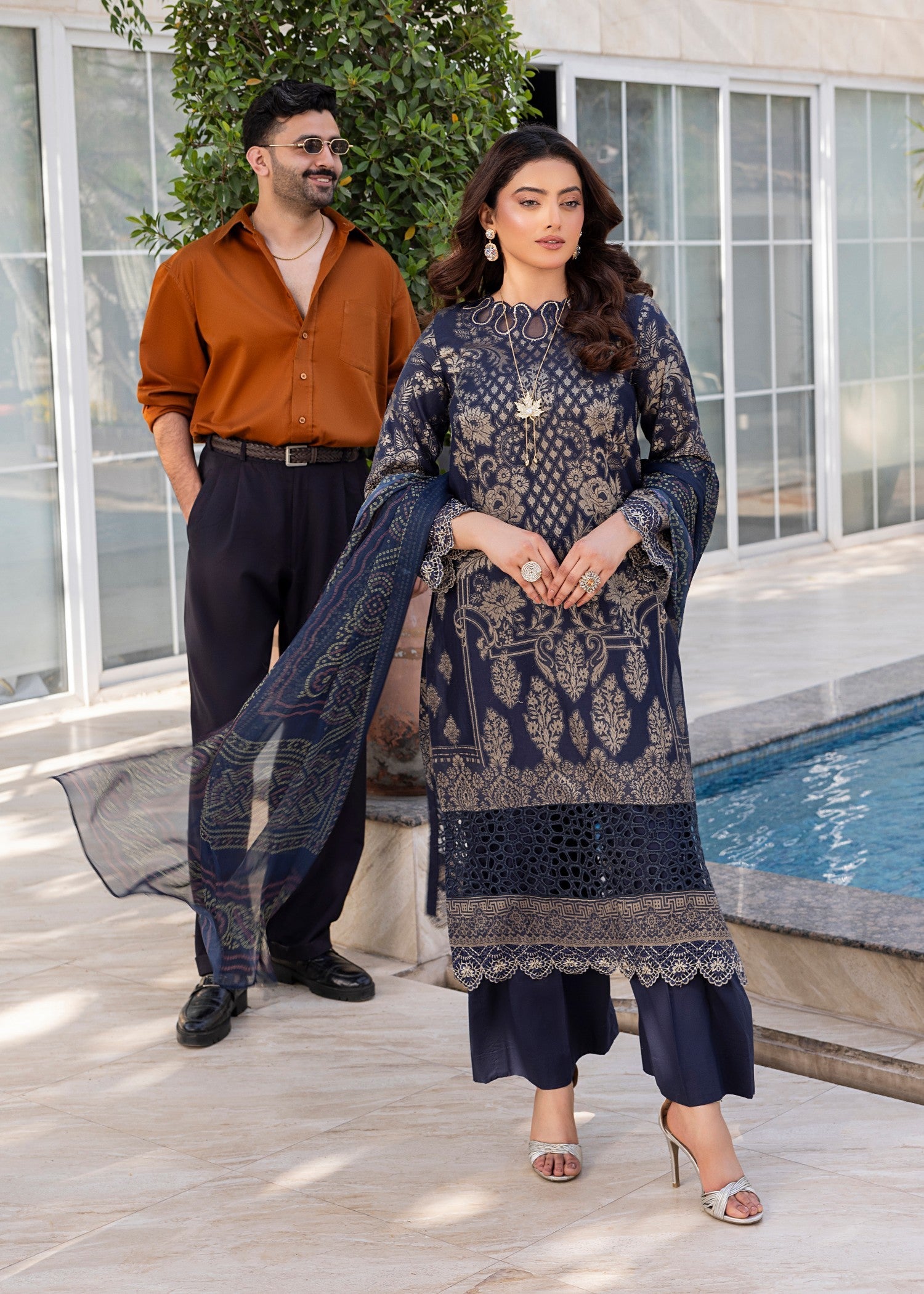 Ladies Embroidered Navy Blue Jacquard Shalwar Kameez Online in UK USA Canada