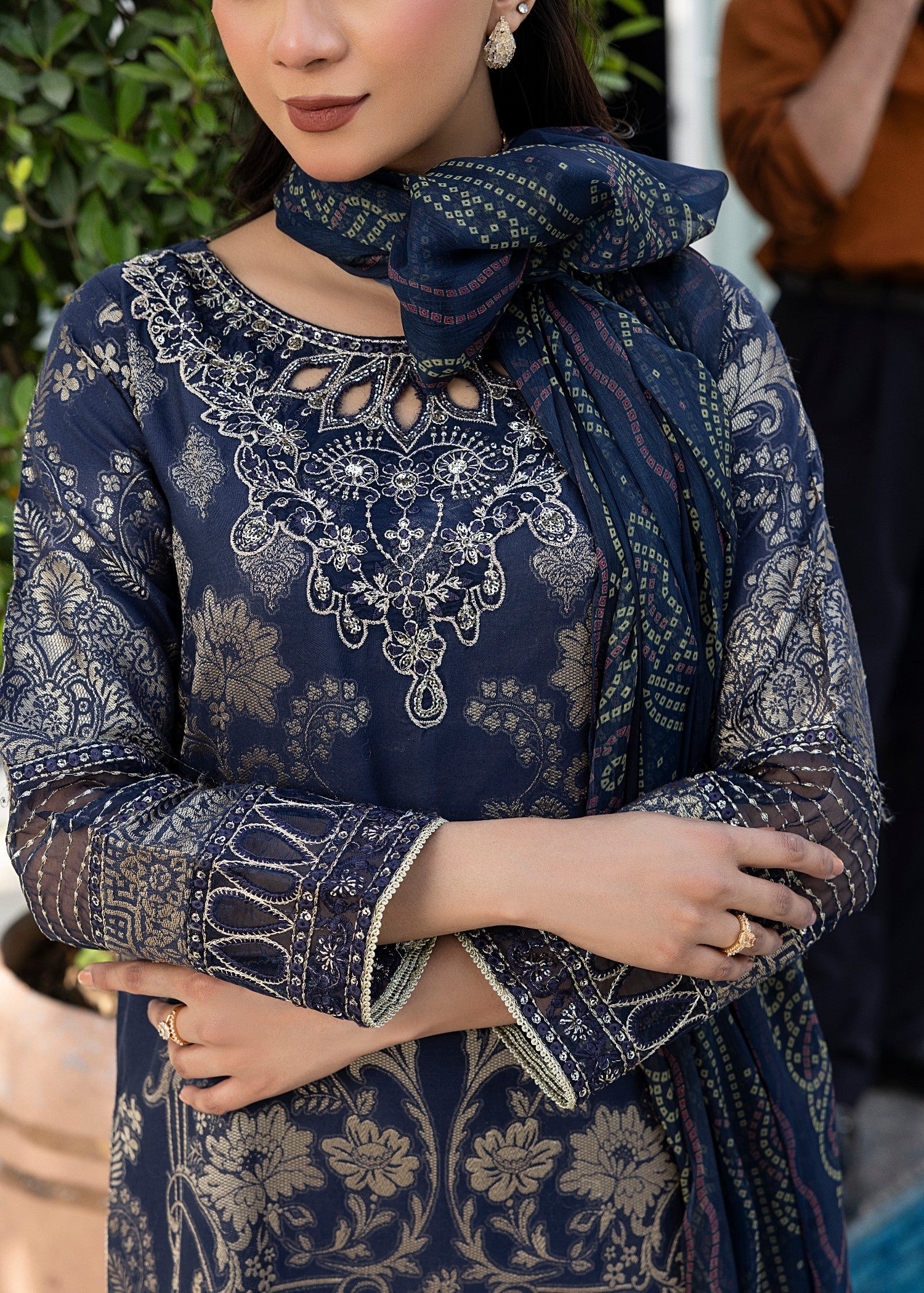 Ladies Embroidered Navy Blue Jacquard Shalwar Kameez Online in UK USA Canada