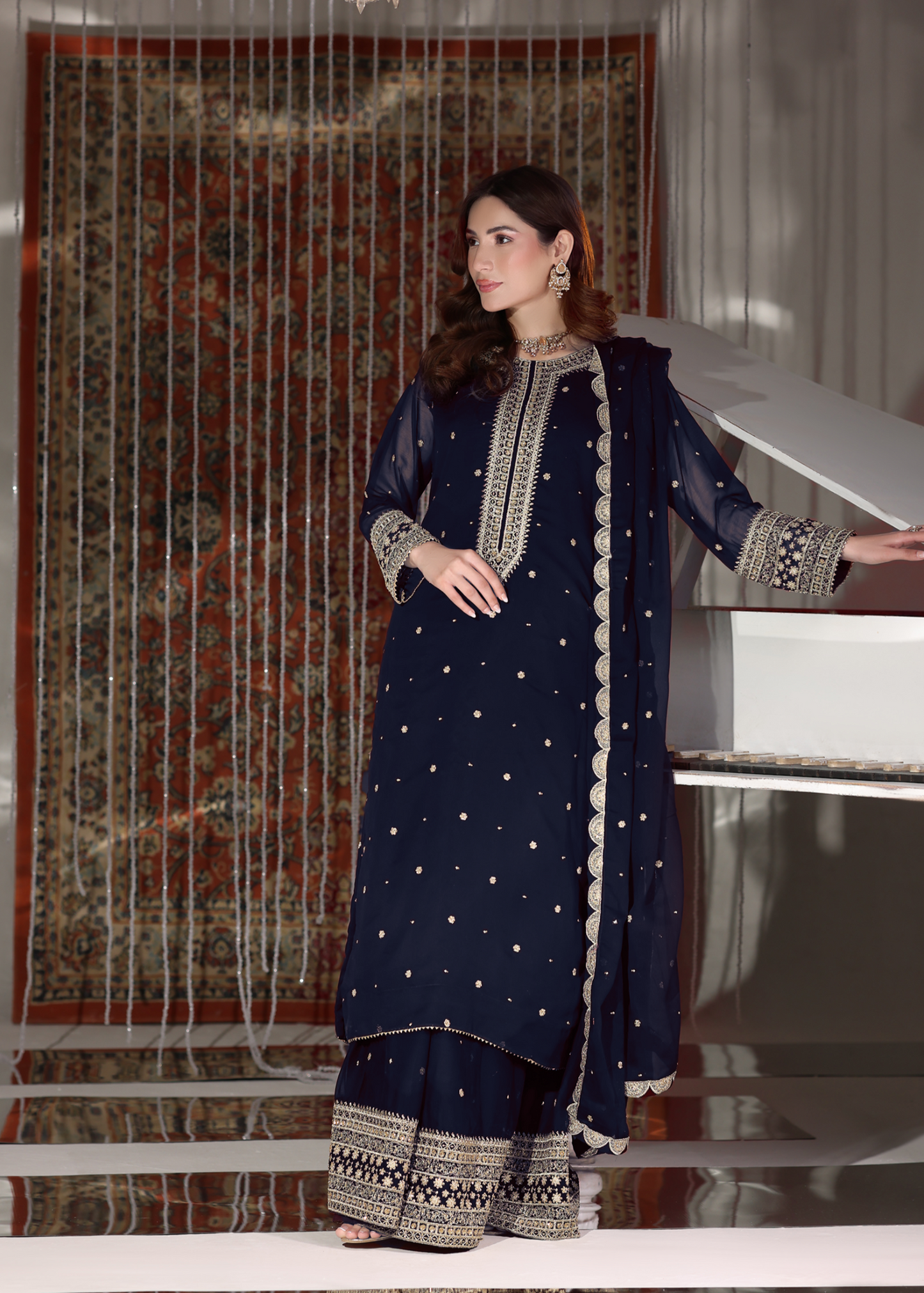 Ladies Embroidered Navy Blue Lehenga Suit Online in UK USA Canada