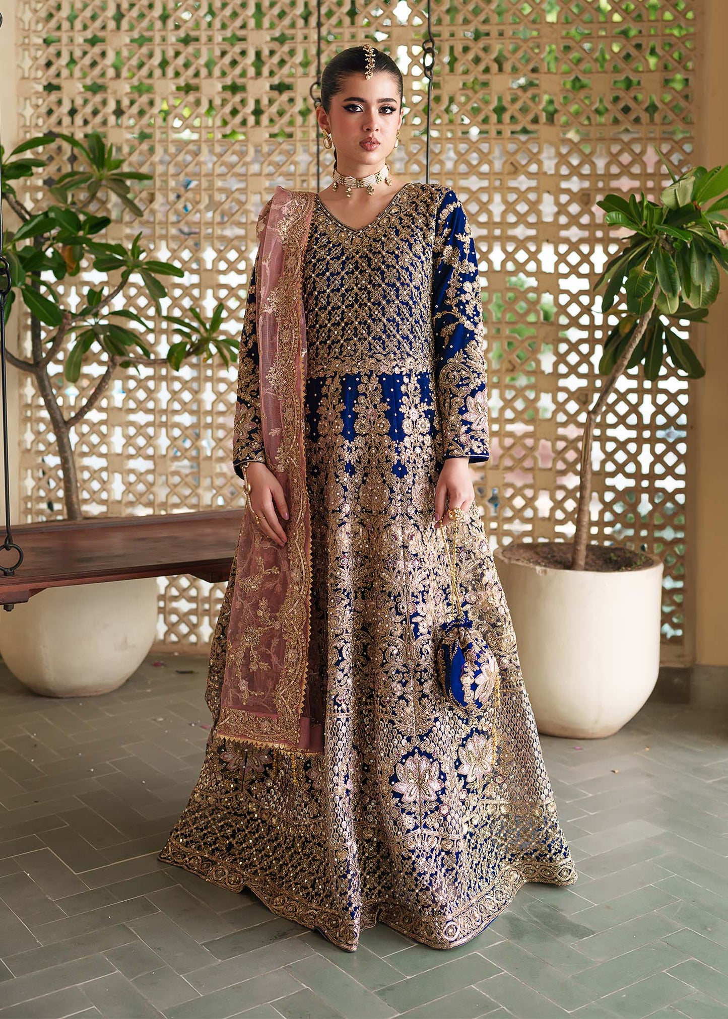 Ladies Embroidered Navy Blue Net Wedding Outfit Online in UK USA Canada