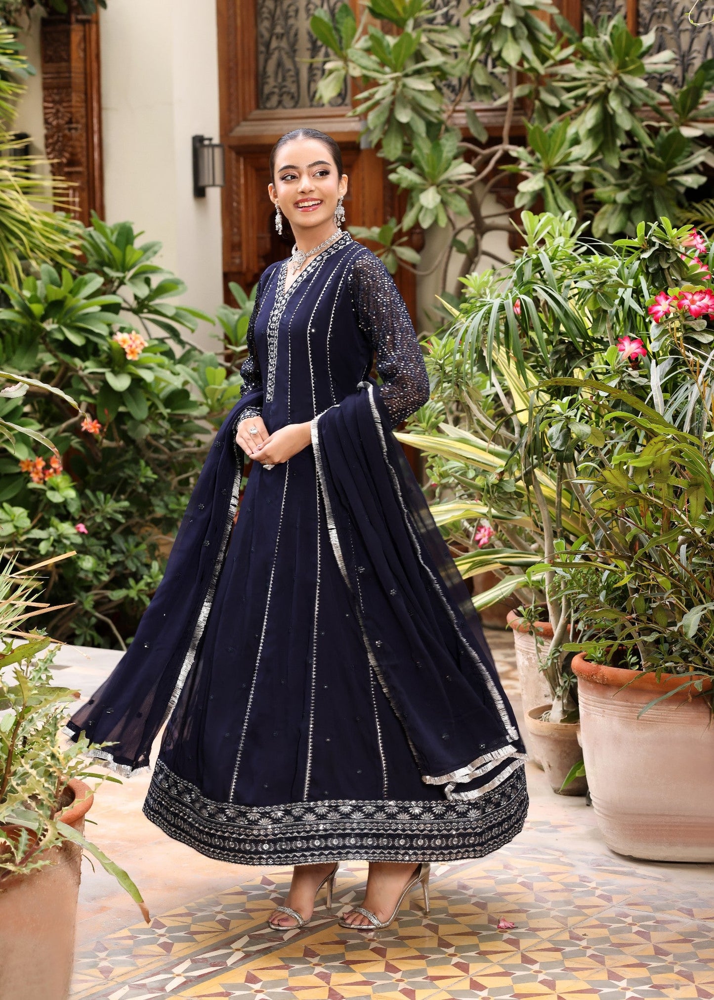 Ladies Embroidered Navy Blue Pishwas Suit Online in UK USA Canada