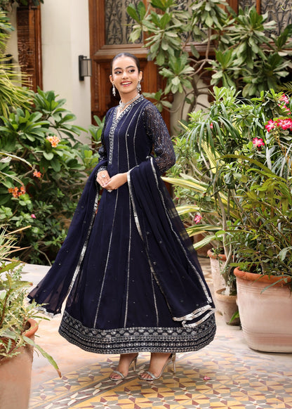 Ladies Embroidered Navy Blue Pishwas Suit Online in UK USA Canada