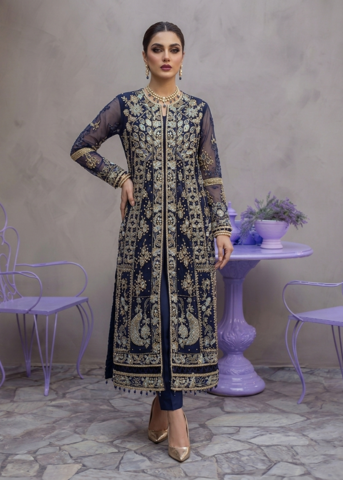Ladies Embroidered Navy Blue Raw Silk Suit Online in UK USA Canada