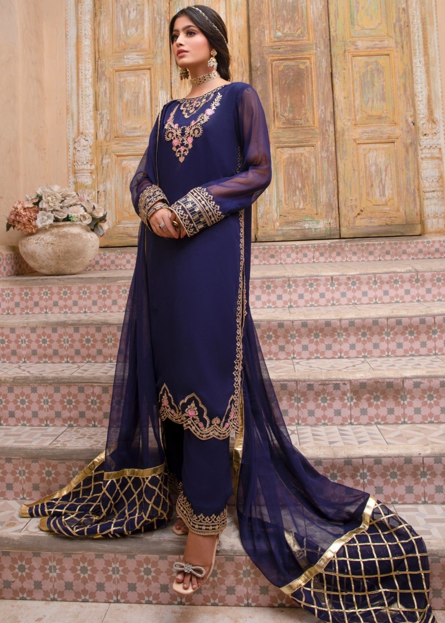 Ladies Embroidered Navy Blue Shalwar Kameez Online in UK USA Canada