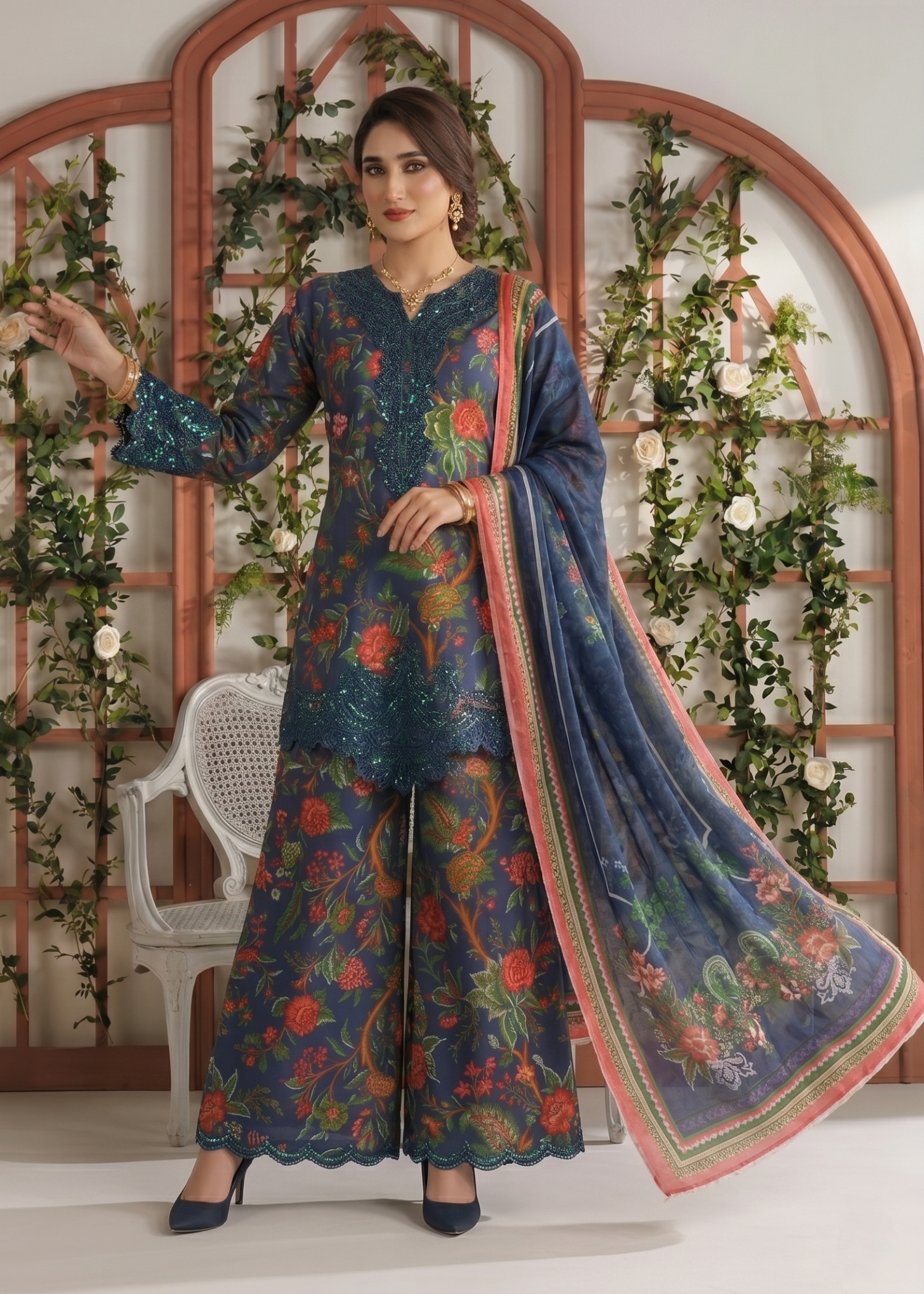 Ladies Embroidered Navy Blue Shalwar Kameez Online in UK USA Canada