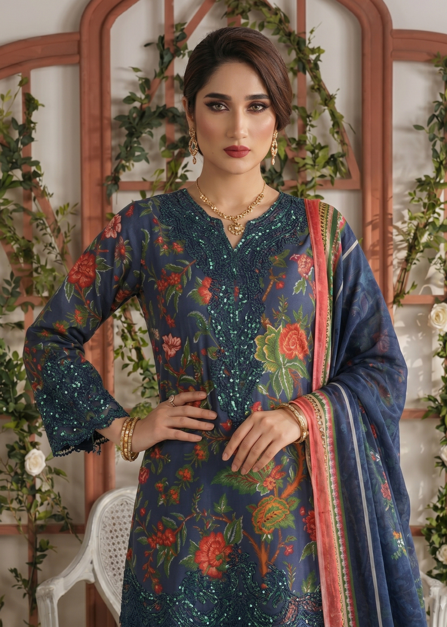 Ladies Embroidered Navy Blue Shalwar Kameez Online in UK USA Canada