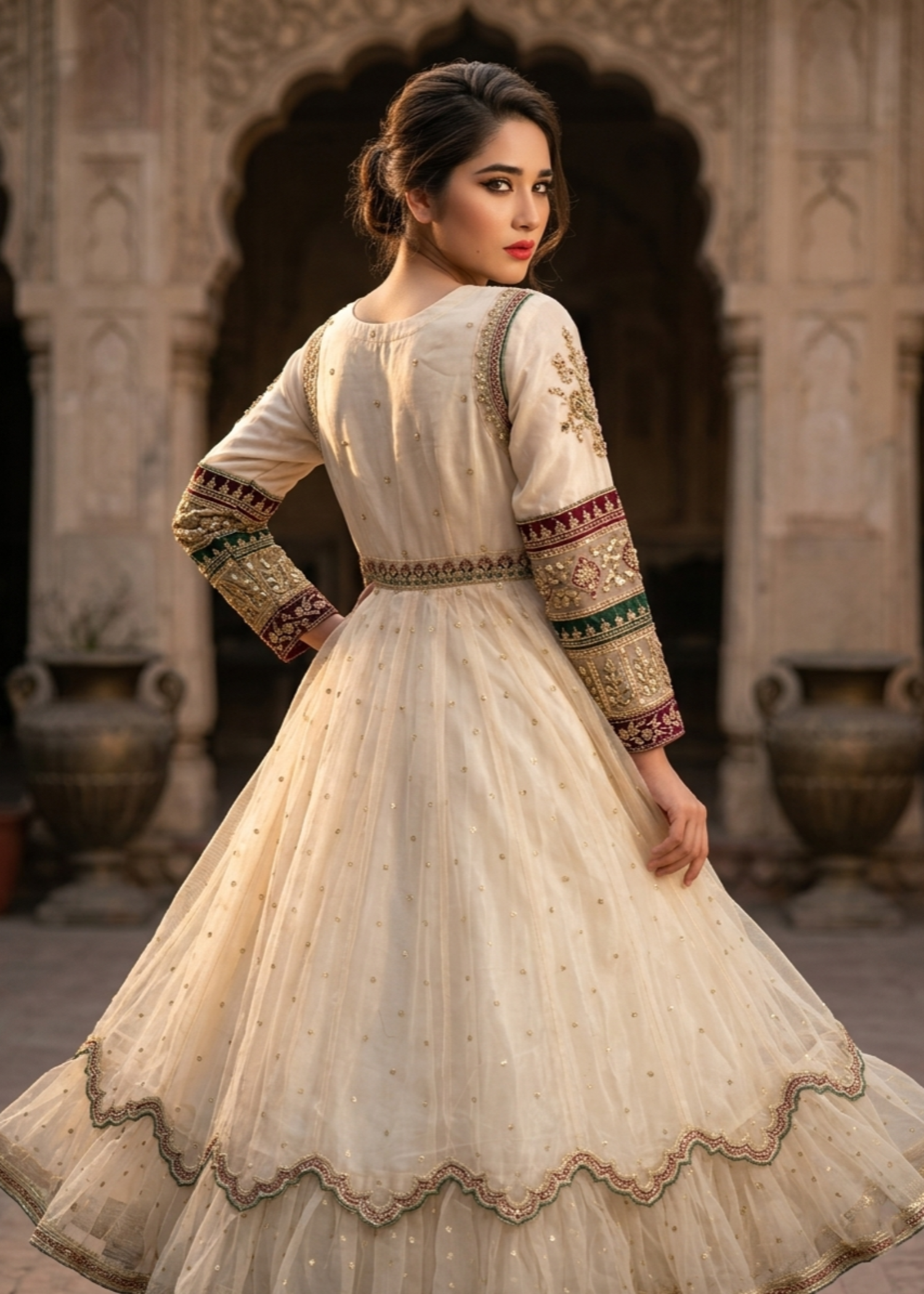 Ladies Embroidered Net Off-White Partywear Suit Online in UK USA Canada