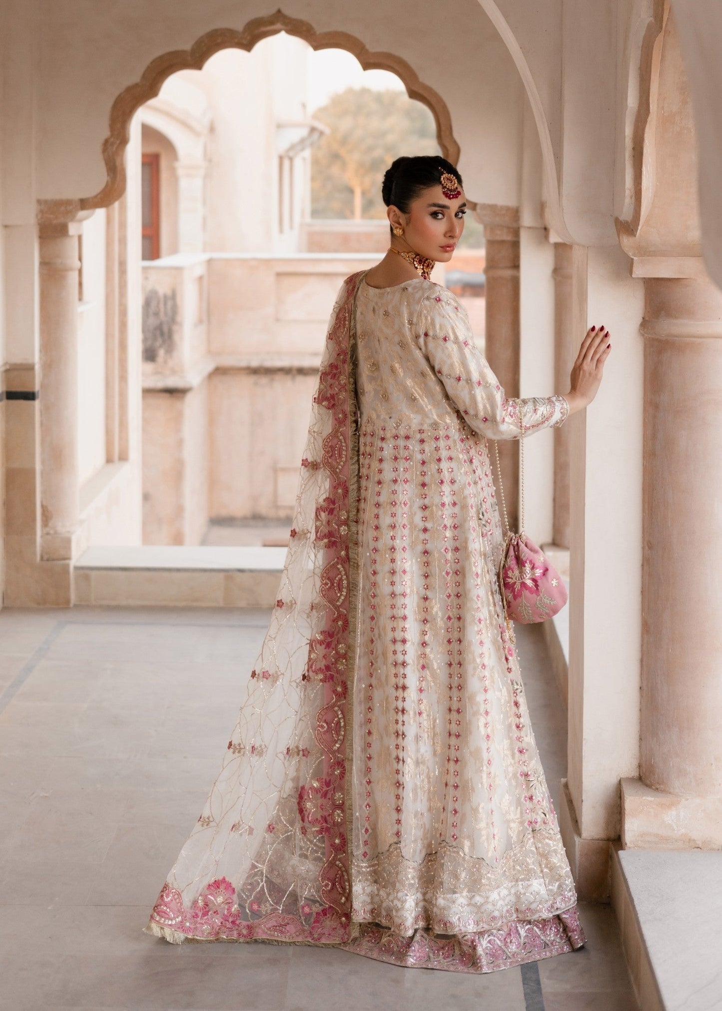 Ladies Embroidered Net Pishwas with Pink Zardozi Online in UK USA Canada