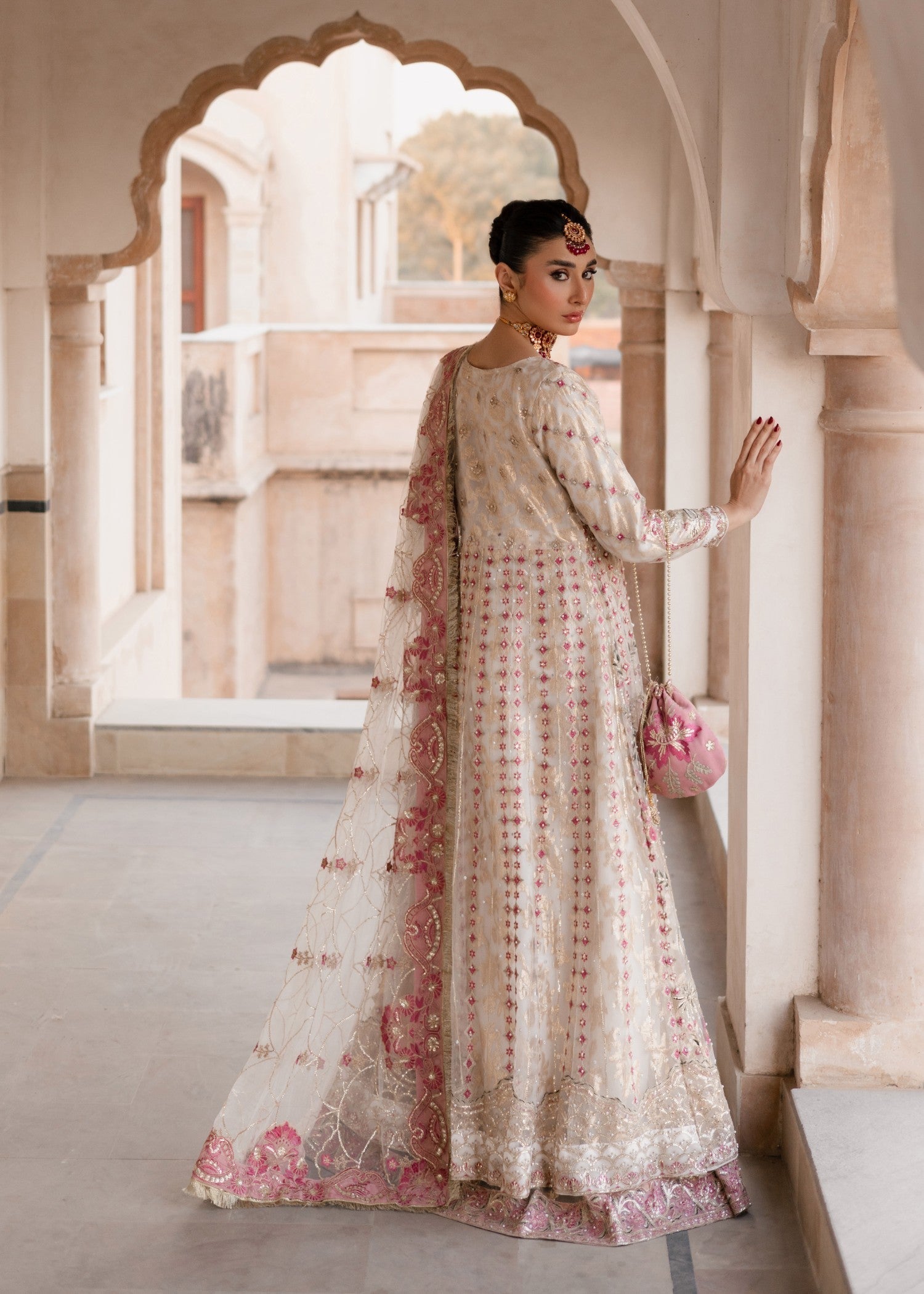Ladies Embroidered Net Pishwas with Pink Zardozi Online in UK USA Canada