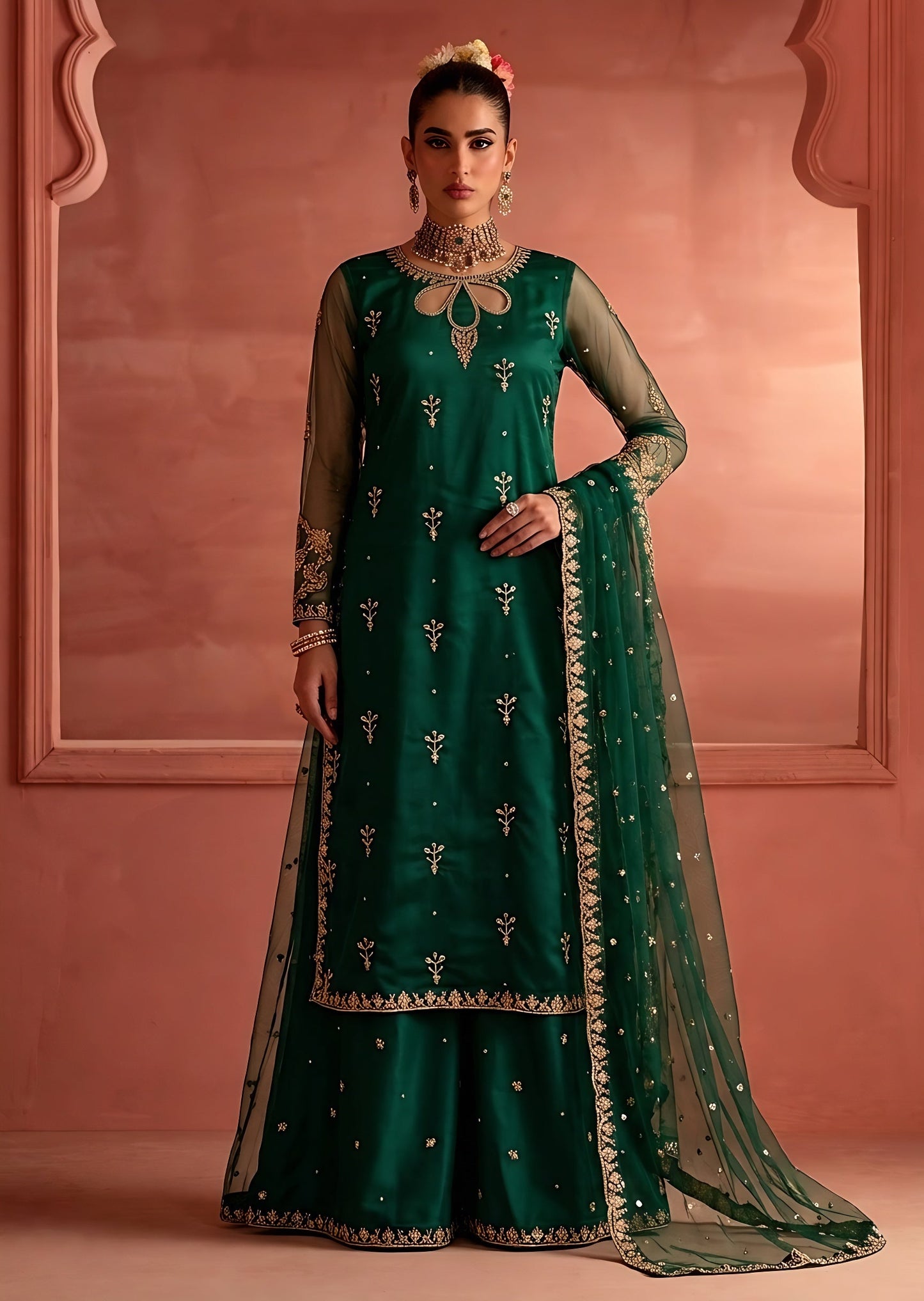 Ladies Embroidered Net Sharara Partywear Outfit Online in UK USA Canada
