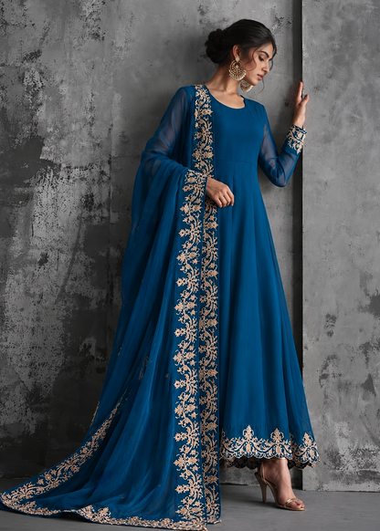 Ladies Embroidered Ocean Blue Chiffon Partywear Maxi Online in UK USA Canada
