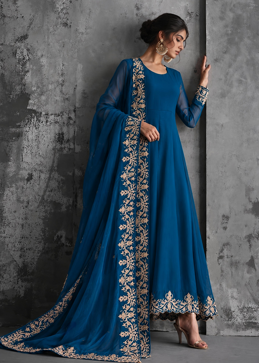 Ladies Embroidered Ocean Blue Chiffon Partywear Maxi Online in UK USA Canada