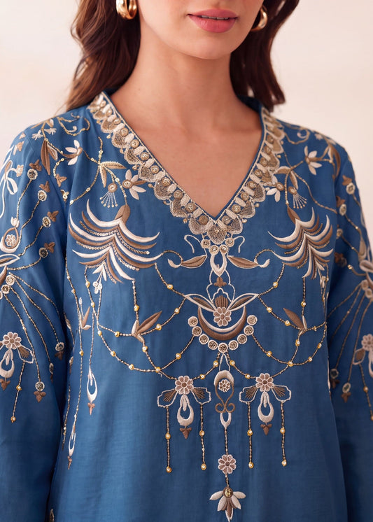 Ladies Embroidered Ocean Blue Kurta Set Online in UK USA Canada