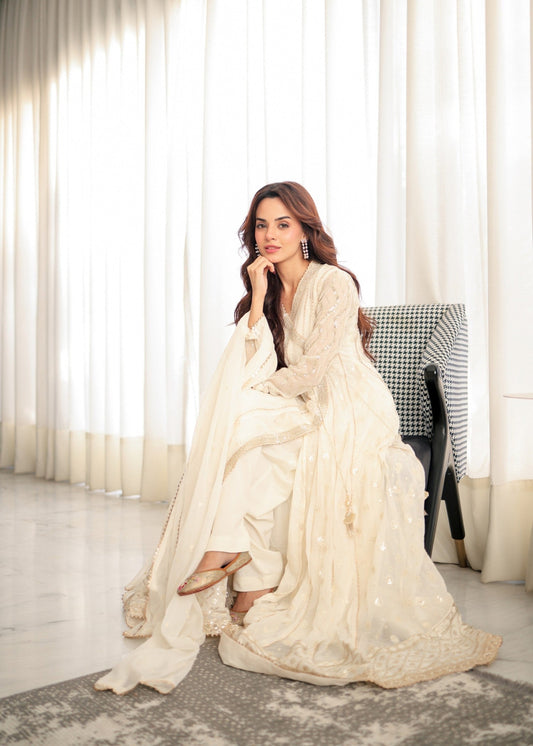 Ladies Embroidered Off-White Chiffon Angrakha Gown Online in UK USA Canada