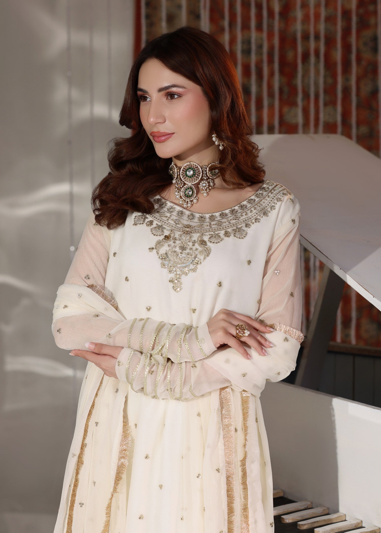 Ladies Embroidered Off-White Chiffon Kurta Set Online in UK USA Canada