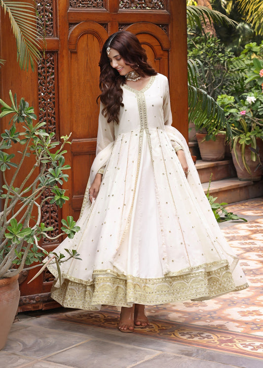 Ladies Embroidered Off-White Chiffon Party Wear Suit Online in UK USA Canada