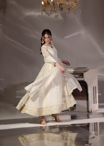 Ladies Embroidered Off-White Chiffon Partywear Suit Online in UK USA Canada