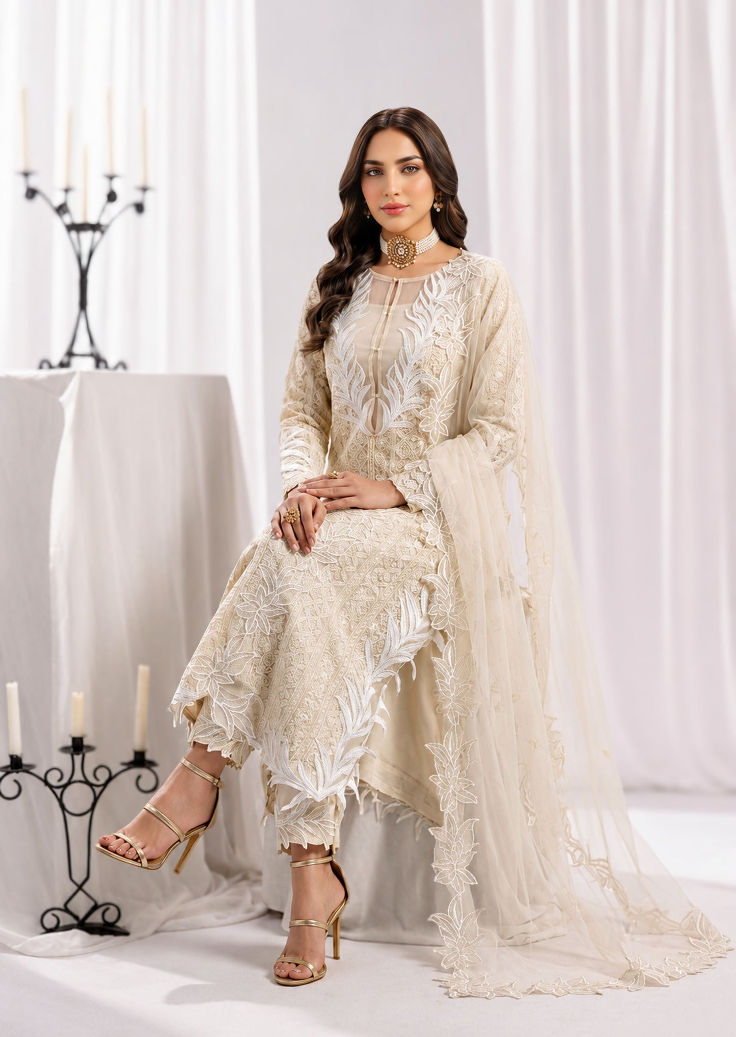 Ladies Embroidered Off-White Chiffon Partywear Suit Online in UK USA Canada