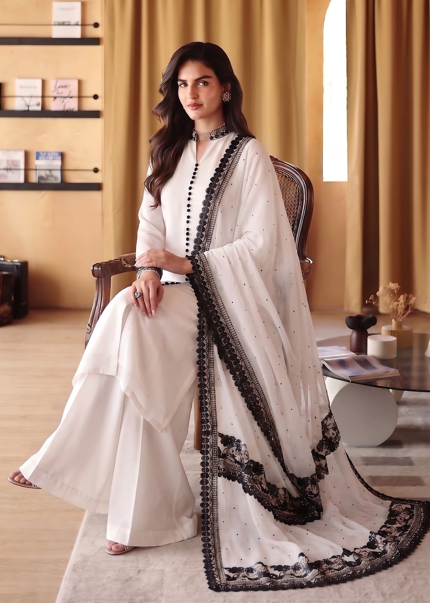 Ladies Embroidered Off-White Chiffon Salwar Kameez Online in UK USA Canada