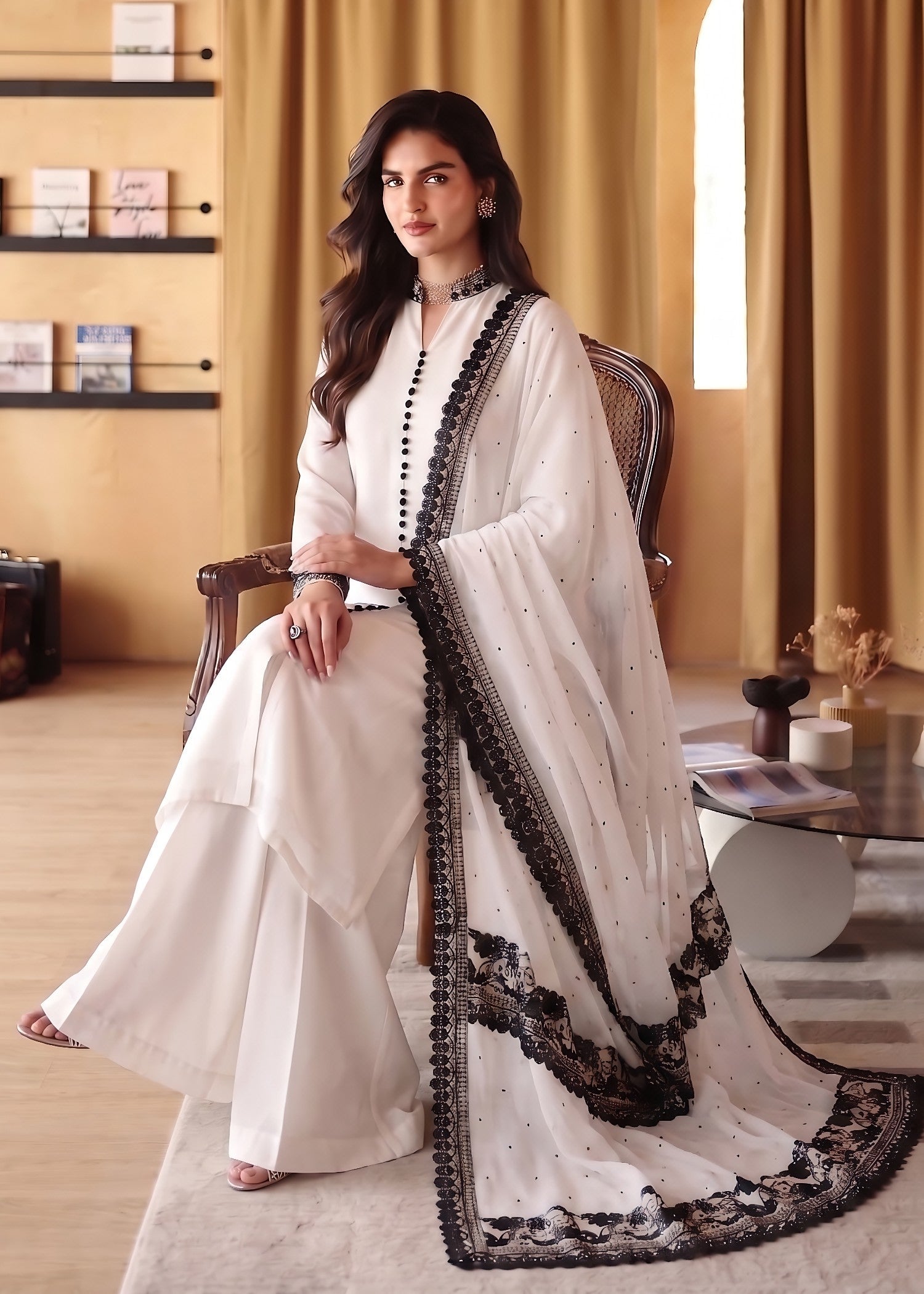 Ladies Embroidered Off-White Chiffon Salwar Kameez Online in UK USA Canada