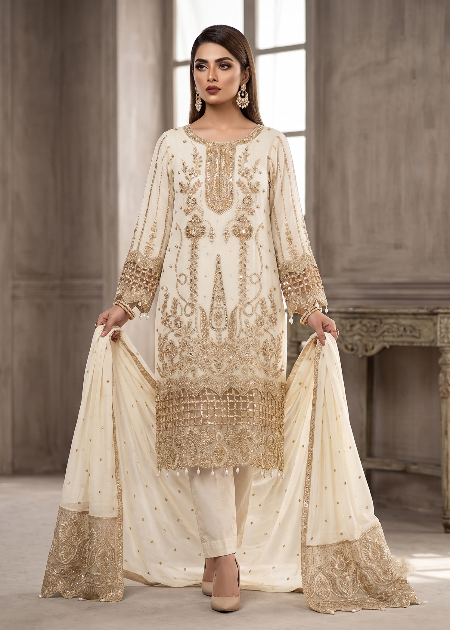 Ladies Embroidered Off-White Chiffon Shalwar Kameez Online in UK USA Canada