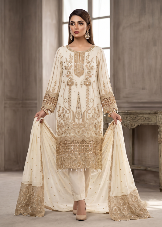 Ladies Embroidered Off-White Chiffon Shalwar Kameez Online in UK USA Canada