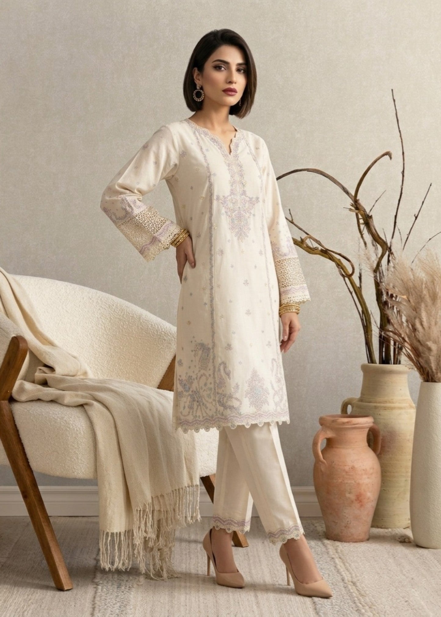 Ladies Embroidered Off White Cotton Shalwar Kameez Online in UK USA Canada