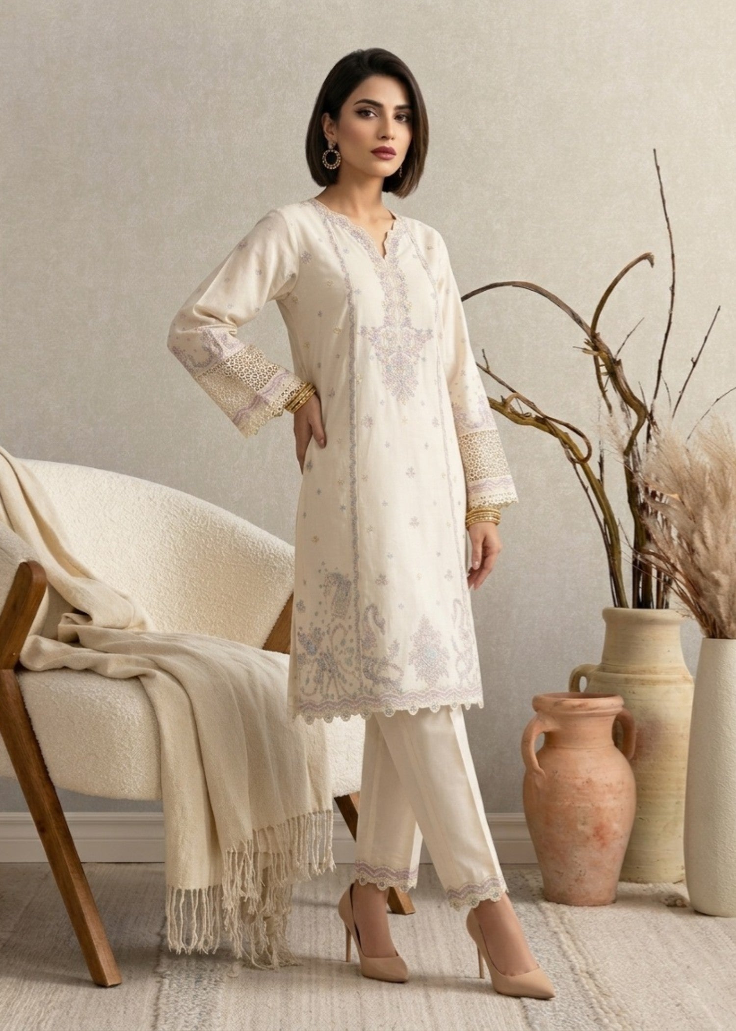 Ladies Embroidered Off White Cotton Shalwar Kameez Online in UK USA Canada