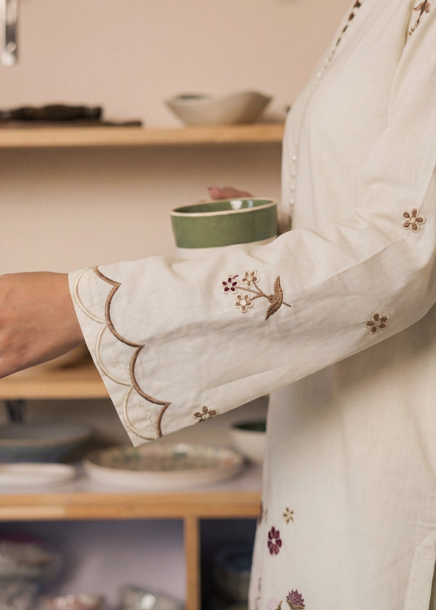 Ladies Embroidered Off White Kurta Set Online in UK USA Canada